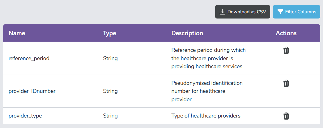 Screenshot of the data dictionary entries table